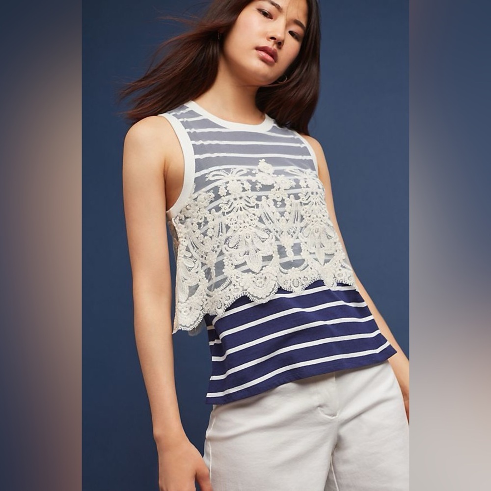 Anthropologie ⚜️ Postmark Laced Nautique Tank Navy Lace Overlay
